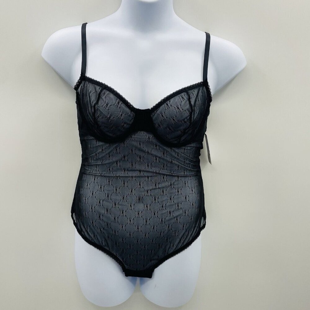 INC International‎ Concepts Womens Large Monogram Bodysuit Deep Black Logo 2697
